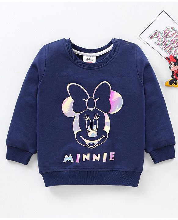 Babyhug Cotton Knit Full Sleeves MINNIE MOUSE Sweatshirt with High Density Holographic Foil Print- Navy