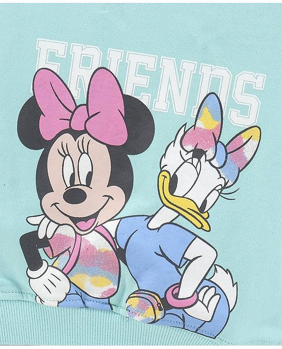 Babyhug Cotton Knit Full Sleeves Mini Mouse & Daisy Duck Sweatshirt with Glitter detailing- Sky Blue
