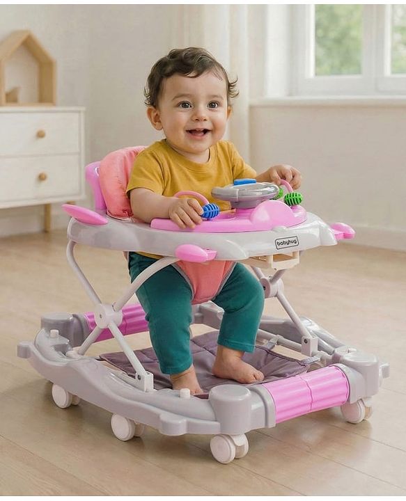 Babyhug Champ 2 in 1 Multifunctional Rocker cum Walker with Lights I Musical Play tray cum feeding tray - Pink| Removable Foot Mat| Smooth Swivel Wheels| Compact Fold