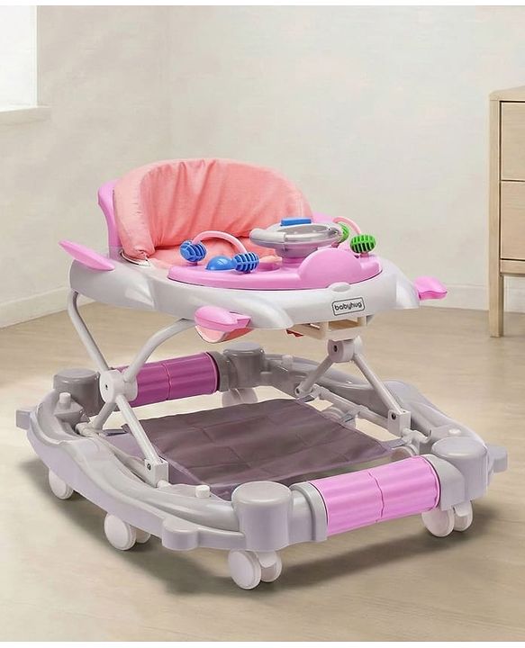 Babyhug Champ 2 in 1 Multifunctional Rocker cum Walker with Lights I Musical Play tray cum feeding tray - Pink| Removable Foot Mat| Smooth Swivel Wheels| Compact Fold
