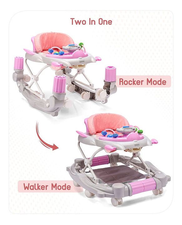 Babyhug Champ 2 in 1 Multifunctional Rocker cum Walker with Lights I Musical Play tray cum feeding tray - Pink| Removable Foot Mat| Smooth Swivel Wheels| Compact Fold
