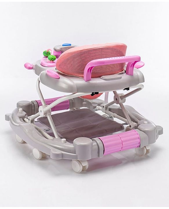 Babyhug Champ 2 in 1 Multifunctional Rocker cum Walker with Lights I Musical Play tray cum feeding tray - Pink| Removable Foot Mat| Smooth Swivel Wheels| Compact Fold