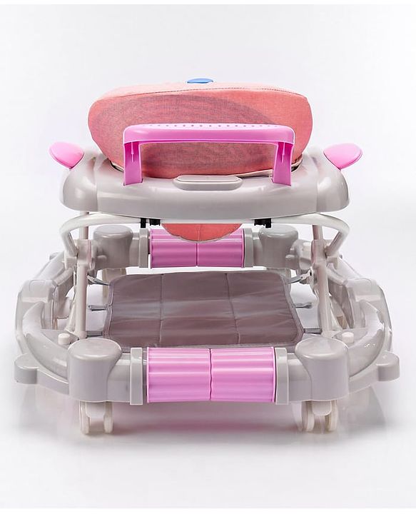 Babyhug Champ 2 in 1 Multifunctional Rocker cum Walker with Lights I Musical Play tray cum feeding tray - Pink| Removable Foot Mat| Smooth Swivel Wheels| Compact Fold