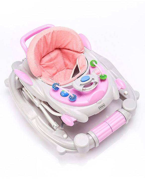 Babyhug Champ 2 in 1 Multifunctional Rocker cum Walker with Lights I Musical Play tray cum feeding tray - Pink| Removable Foot Mat| Smooth Swivel Wheels| Compact Fold