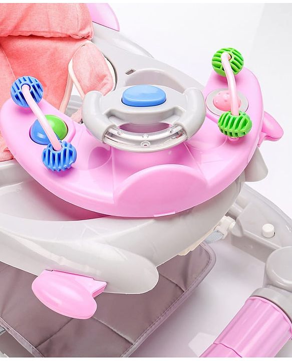 Babyhug Champ 2 in 1 Multifunctional Rocker cum Walker with Lights I Musical Play tray cum feeding tray - Pink| Removable Foot Mat| Smooth Swivel Wheels| Compact Fold