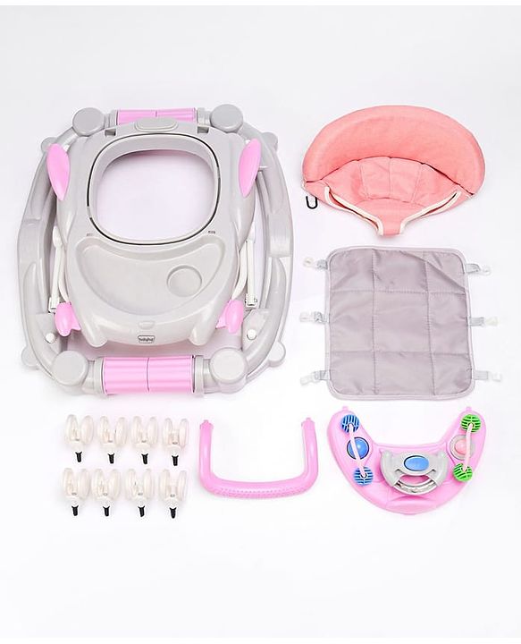 Babyhug Champ 2 in 1 Multifunctional Rocker cum Walker with Lights I Musical Play tray cum feeding tray - Pink| Removable Foot Mat| Smooth Swivel Wheels| Compact Fold