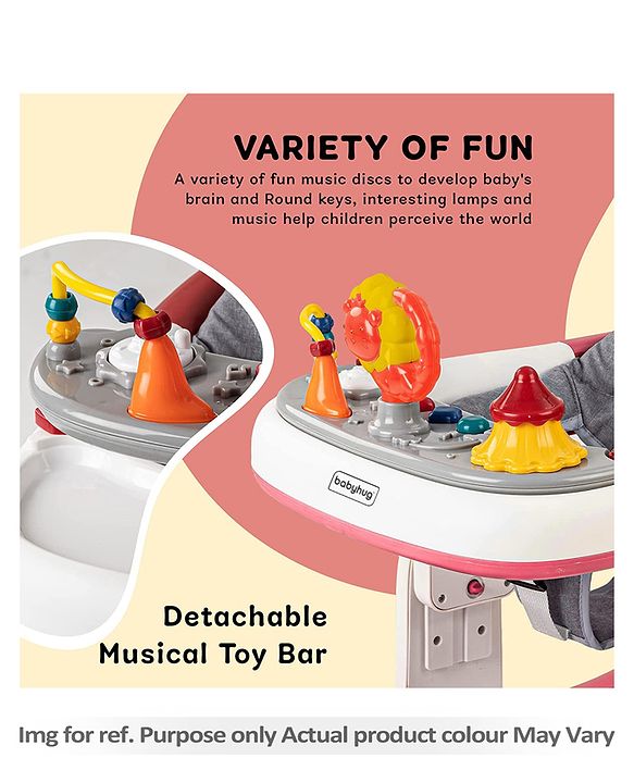 Babyhug Zest Musical Baby Walker With Adjustable Height anti Fall Protection & Toy Bar- Green White