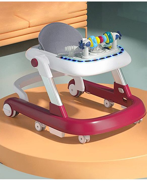 Babyhug Laugh & Learn Multifunctional 2 in 1 Baby Walker With anti Fall Protection & Adjustable Height - Red White| Musical Play Tray with Light| Easy Compact Folding| Swivel Wheels| Smart Speed Control| Push Walker
