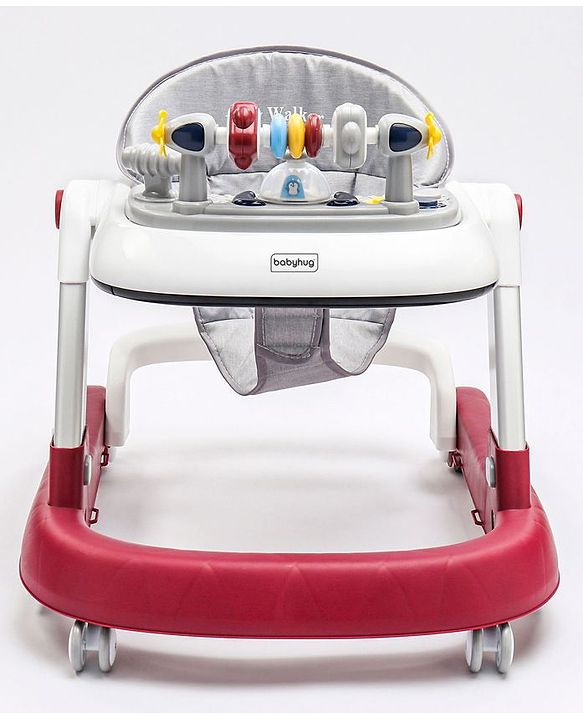 Babyhug Laugh & Learn Multifunctional 2 in 1 Baby Walker With anti Fall Protection & Adjustable Height - Red White| Musical Play Tray with Light| Easy Compact Folding| Swivel Wheels| Smart Speed Control| Push Walker