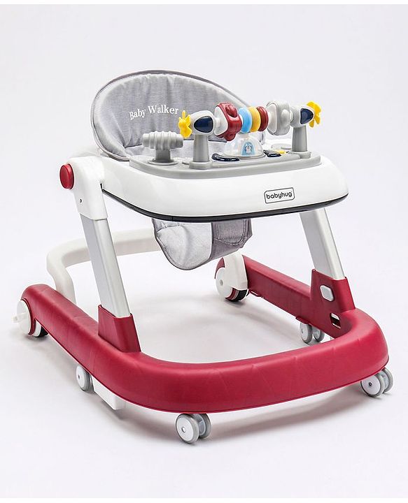 Babyhug Laugh & Learn Multifunctional 2 in 1 Baby Walker With anti Fall Protection & Adjustable Height - Red White| Musical Play Tray with Light| Easy Compact Folding| Swivel Wheels| Smart Speed Control| Push Walker