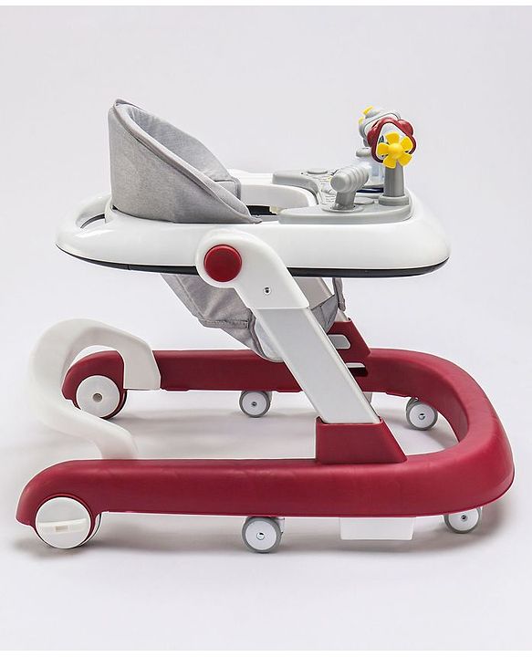 Babyhug Laugh & Learn Multifunctional 2 in 1 Baby Walker With anti Fall Protection & Adjustable Height - Red White| Musical Play Tray with Light| Easy Compact Folding| Swivel Wheels| Smart Speed Control| Push Walker
