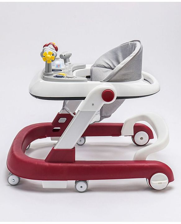 Babyhug Laugh & Learn Multifunctional 2 in 1 Baby Walker With anti Fall Protection & Adjustable Height - Red White| Musical Play Tray with Light| Easy Compact Folding| Swivel Wheels| Smart Speed Control| Push Walker