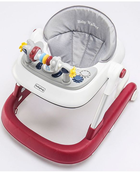 Babyhug Laugh & Learn Multifunctional 2 in 1 Baby Walker With anti Fall Protection & Adjustable Height - Red White| Musical Play Tray with Light| Easy Compact Folding| Swivel Wheels| Smart Speed Control| Push Walker