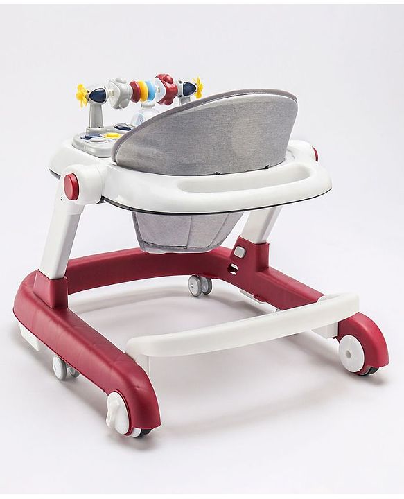 Babyhug Laugh & Learn Multifunctional 2 in 1 Baby Walker With anti Fall Protection & Adjustable Height - Red White| Musical Play Tray with Light| Easy Compact Folding| Swivel Wheels| Smart Speed Control| Push Walker