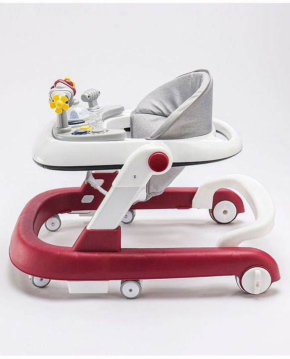 Babyhug Laugh & Learn Multifunctional 2 in 1 Baby Walker With anti Fall Protection & Adjustable Height - Red White| Musical Play Tray with Light| Easy Compact Folding| Swivel Wheels| Smart Speed Control| Push Walker
