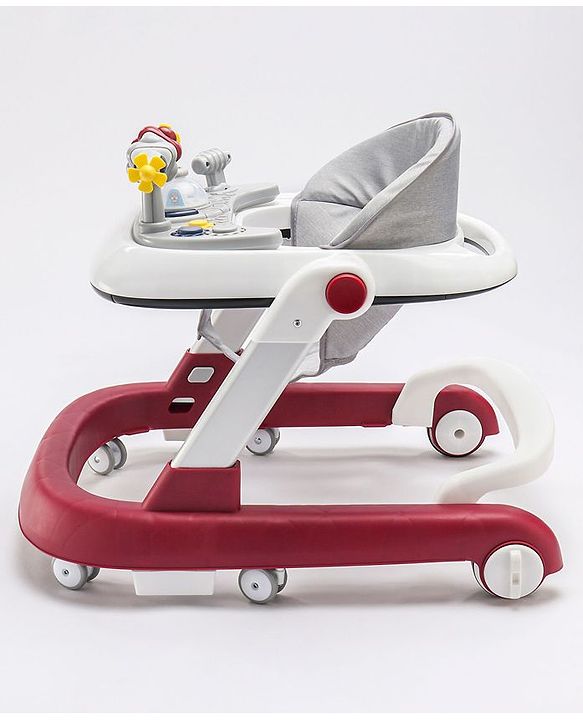 Babyhug Laugh & Learn Multifunctional 2 in 1 Baby Walker With anti Fall Protection & Adjustable Height - Red White| Musical Play Tray with Light| Easy Compact Folding| Swivel Wheels| Smart Speed Control| Push Walker
