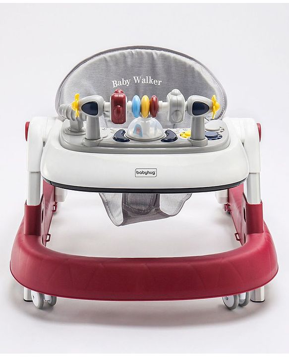 Babyhug Laugh & Learn Multifunctional 2 in 1 Baby Walker With anti Fall Protection & Adjustable Height - Red White| Musical Play Tray with Light| Easy Compact Folding| Swivel Wheels| Smart Speed Control| Push Walker