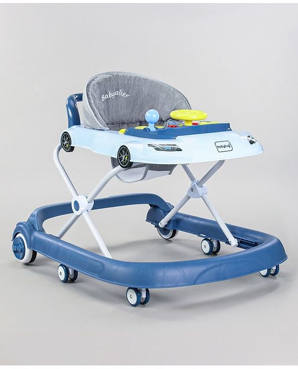 Babyhug Little Racer Car Shape Walker - Blue| Removable Toy Tray| Smooth Swivel Wheels| Light & Music| Comfortable Seat
