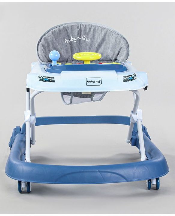 Babyhug Little Racer Car Shape Walker - Blue| Removable Toy Tray| Smooth Swivel Wheels| Light & Music| Comfortable Seat
