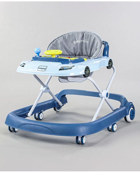 Babyhug Little Racer Car Shape Walker - Blue| Removable Toy Tray| Smooth Swivel Wheels| Light & Music| Comfortable Seat