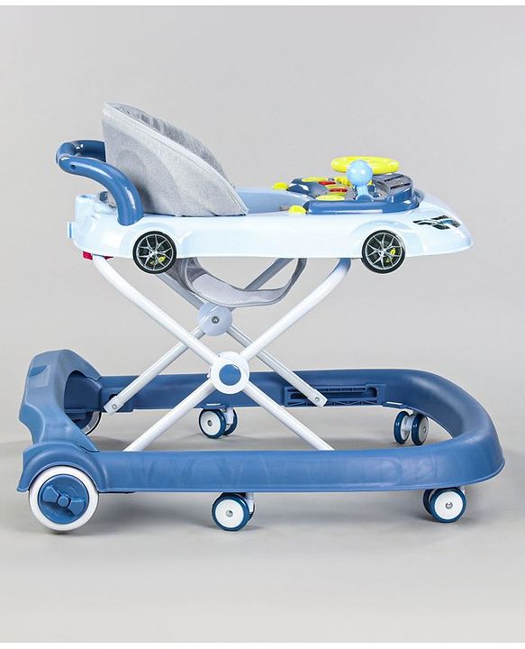 Babyhug Little Racer Car Shape Walker - Blue| Removable Toy Tray| Smooth Swivel Wheels| Light & Music| Comfortable Seat