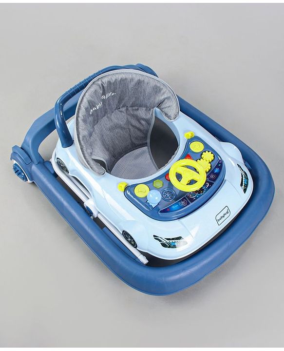 Babyhug Little Racer Car Shape Walker - Blue| Removable Toy Tray| Smooth Swivel Wheels| Light & Music| Comfortable Seat