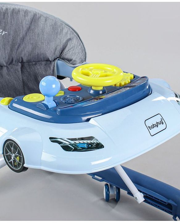 Babyhug Little Racer Car Shape Walker - Blue| Removable Toy Tray| Smooth Swivel Wheels| Light & Music| Comfortable Seat