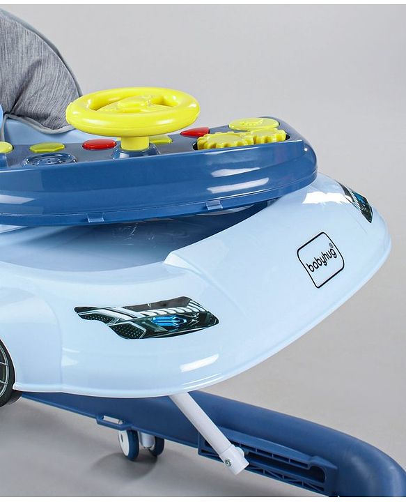 Babyhug Little Racer Car Shape Walker - Blue| Removable Toy Tray| Smooth Swivel Wheels| Light & Music| Comfortable Seat