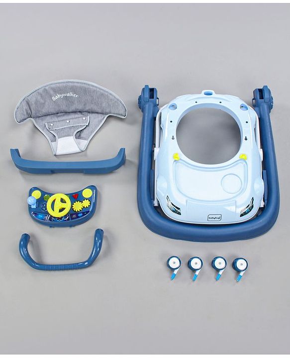 Babyhug Little Racer Car Shape Walker - Blue| Removable Toy Tray| Smooth Swivel Wheels| Light & Music| Comfortable Seat