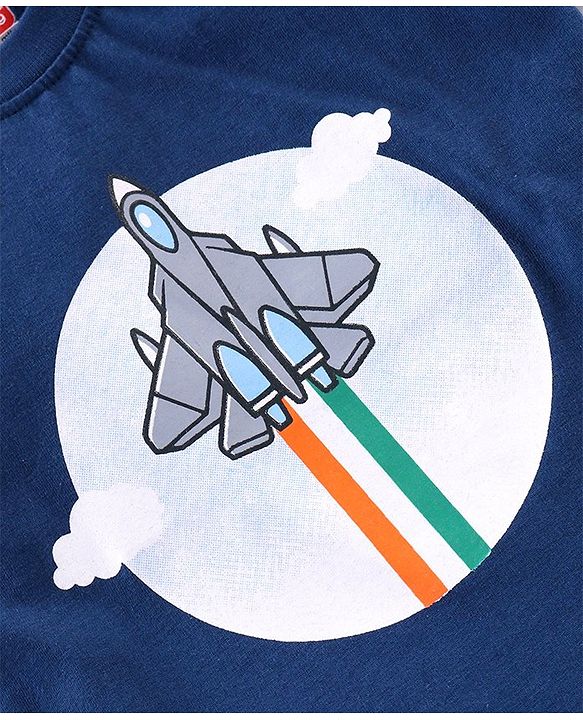 Babyhug Half Sleeves Cotton T-Shirt Rocket & Indian Flag Print - Navy Blue