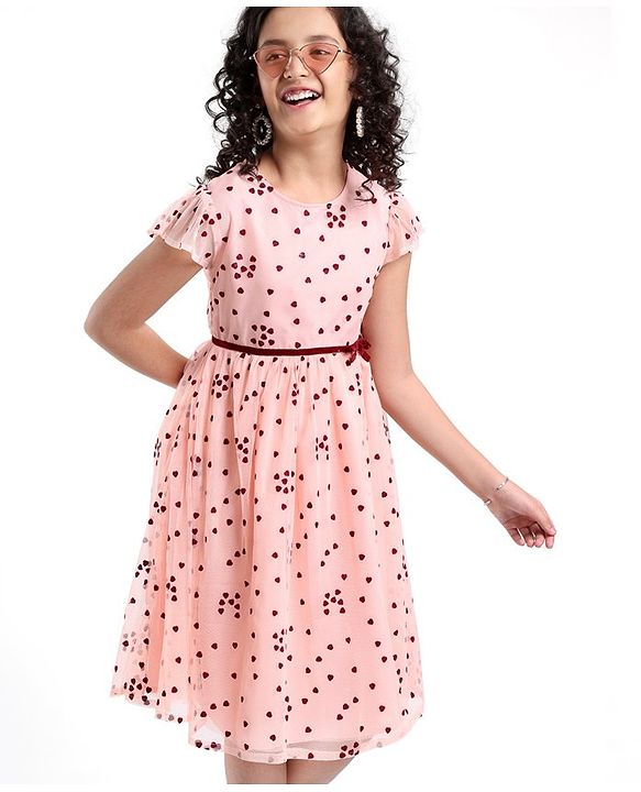 Pine Kids Cap Sleeves Knee Length Party Wear Frock Heart Print - Light Pink