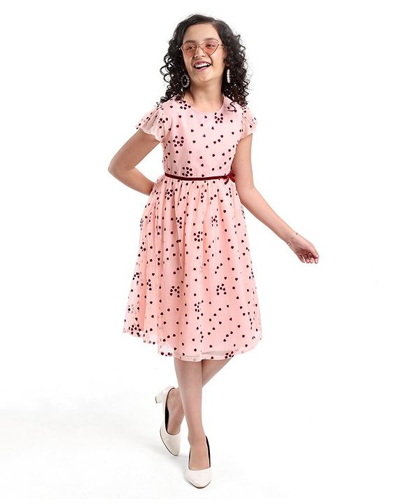 Pine Kids Cap Sleeves Knee Length Party Wear Frock Heart Print - Light Pink