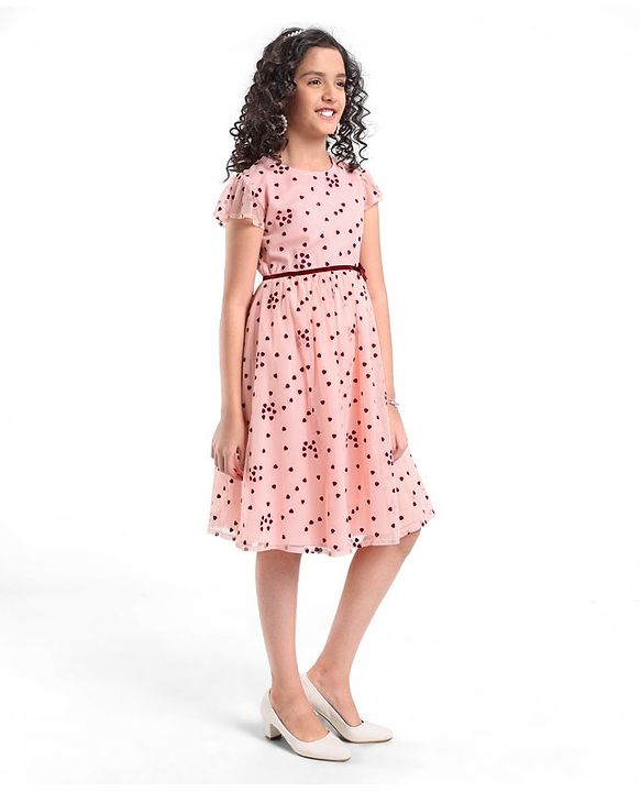 Pine Kids Cap Sleeves Knee Length Party Wear Frock Heart Print - Light Pink