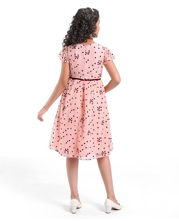 Pine Kids Cap Sleeves Knee Length Party Wear Frock Heart Print - Light Pink
