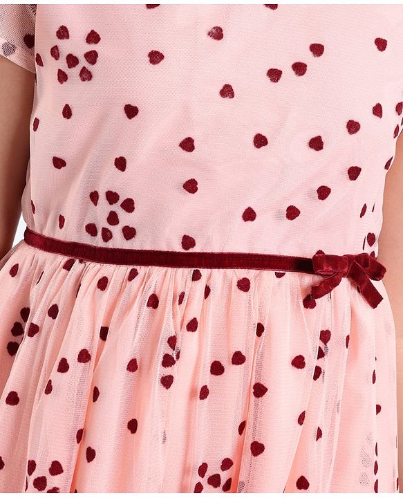 Pine Kids Cap Sleeves Knee Length Party Wear Frock Heart Print - Light Pink
