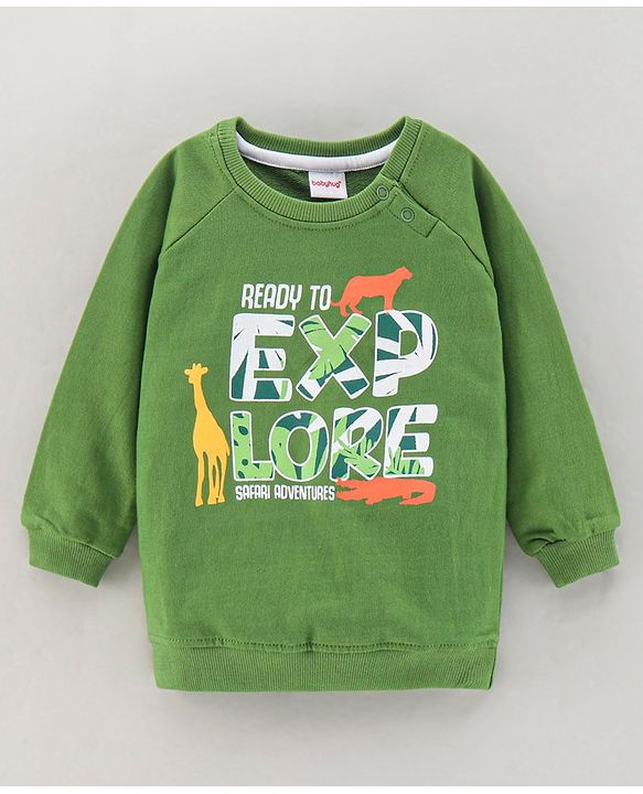 Babyhug Cotton Blend Knit Full Sleeves Text Printed Sweatshirt - Green