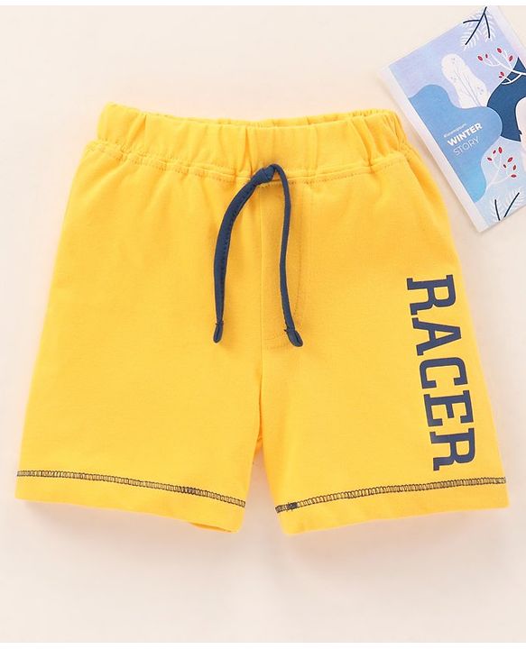 Babyhug Cotton Knit Mid Thigh Length Shorts Text Print - Yellow