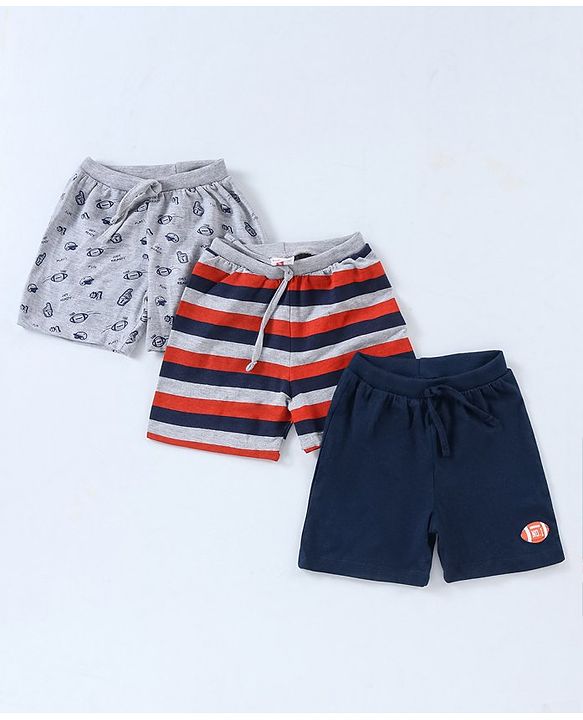 Babyhug Cotton Knit Mid Thigh Length Shorts Rugby Print Pack of 3 - Navy Blue, Red & Grey