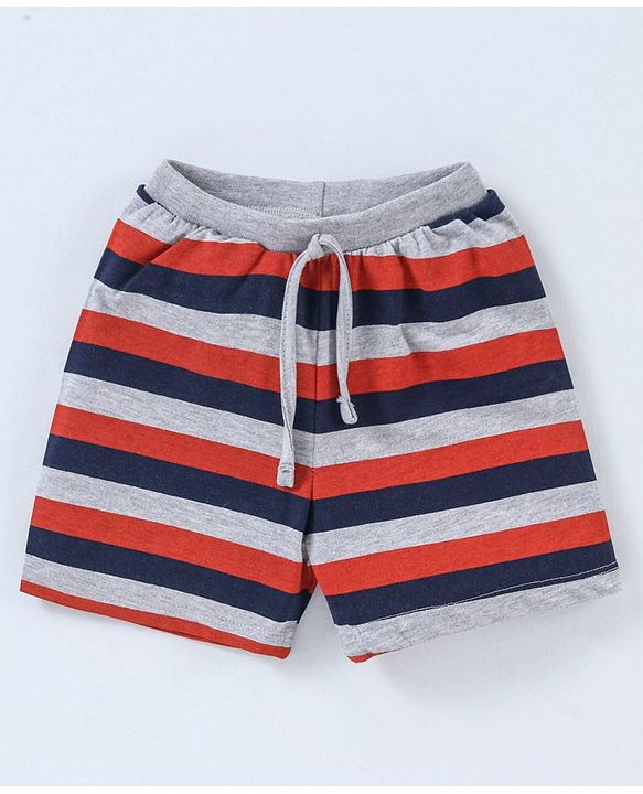 Babyhug Cotton Knit Mid Thigh Length Shorts Rugby Print Pack of 3 - Navy Blue, Red & Grey