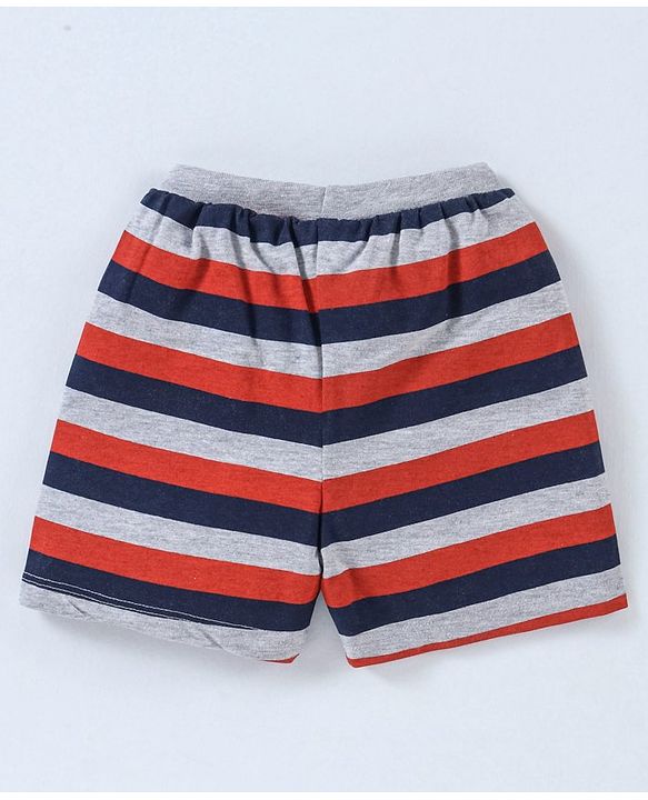 Babyhug Cotton Knit Mid Thigh Length Shorts Rugby Print Pack of 3 - Navy Blue, Red & Grey