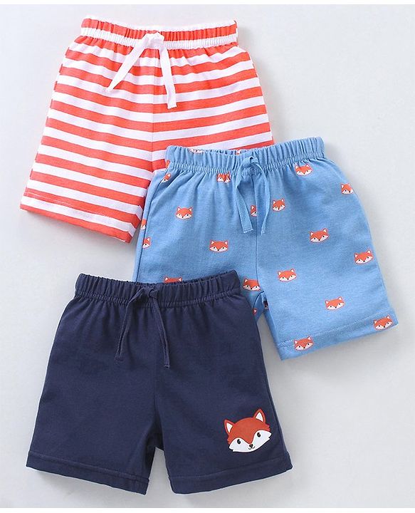 Babyhug Cotton Knit Mid Thigh Length Shorts Fox & Stripes Print- Blue & Orange