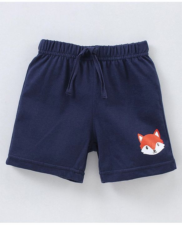 Babyhug Cotton Knit Mid Thigh Length Shorts Fox & Stripes Print- Blue & Orange