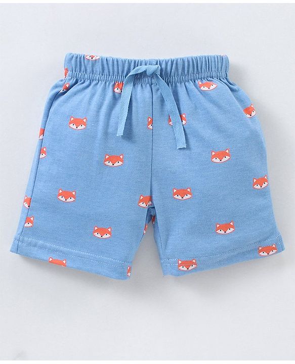 Babyhug Cotton Knit Mid Thigh Length Shorts Fox & Stripes Print- Blue & Orange