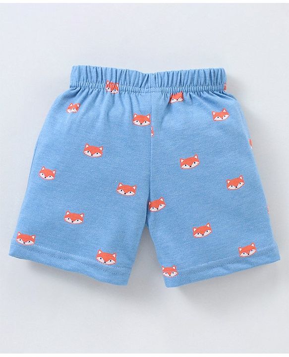 Babyhug Cotton Knit Mid Thigh Length Shorts Fox & Stripes Print- Blue & Orange