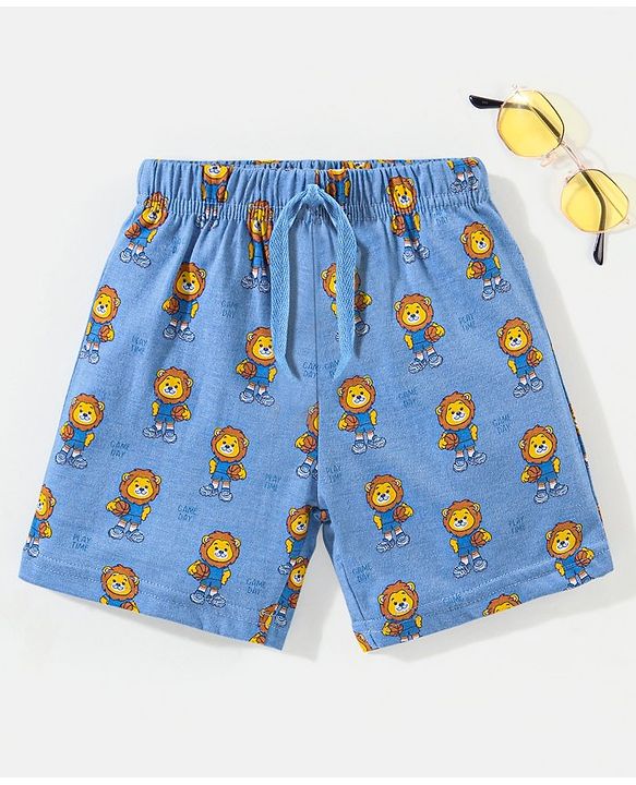 Babyhug Cotton Knit Mid Thigh Length Shorts Lion Print- Blue