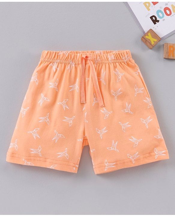 Babyhug Cotton Knit Mid Thigh Length Shorts Paper Plane Print - Orange