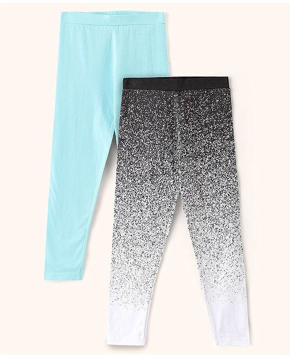 Pine Kids Full Length Stretchable and Biowash Cotton Leggings Solid & Artistic Print Pack Of 2 - Black Blue