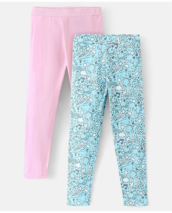 Pine Kids Cotton Ankle Length Biowashed  Stretchable All Over Printed & Solid Color Leggings Pack Of 2 - Blue Pink