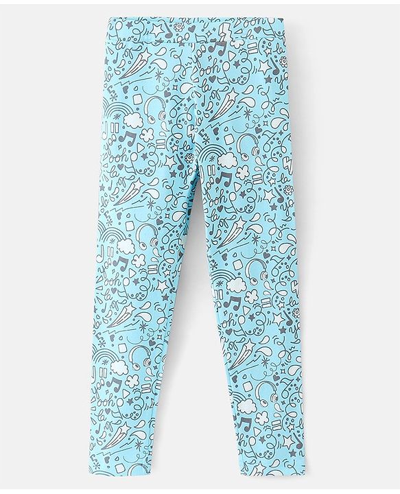 Pine Kids Cotton Ankle Length Biowashed  Stretchable All Over Printed & Solid Color Leggings Pack Of 2 - Blue Pink