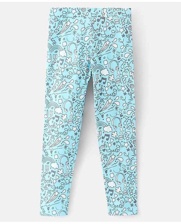Pine Kids Cotton Ankle Length Biowashed  Stretchable All Over Printed & Solid Color Leggings Pack Of 2 - Blue Pink